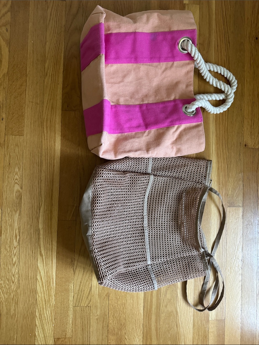 Pink and Peach Striped Canvas Tote with Rope Handles